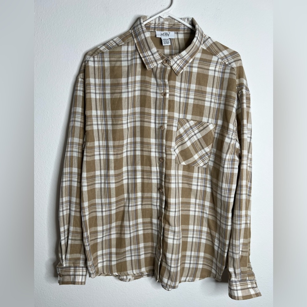 Just Polly Button-Up Shirt Top Women's Size XL Brown Plaid Fleece Long Sleeves